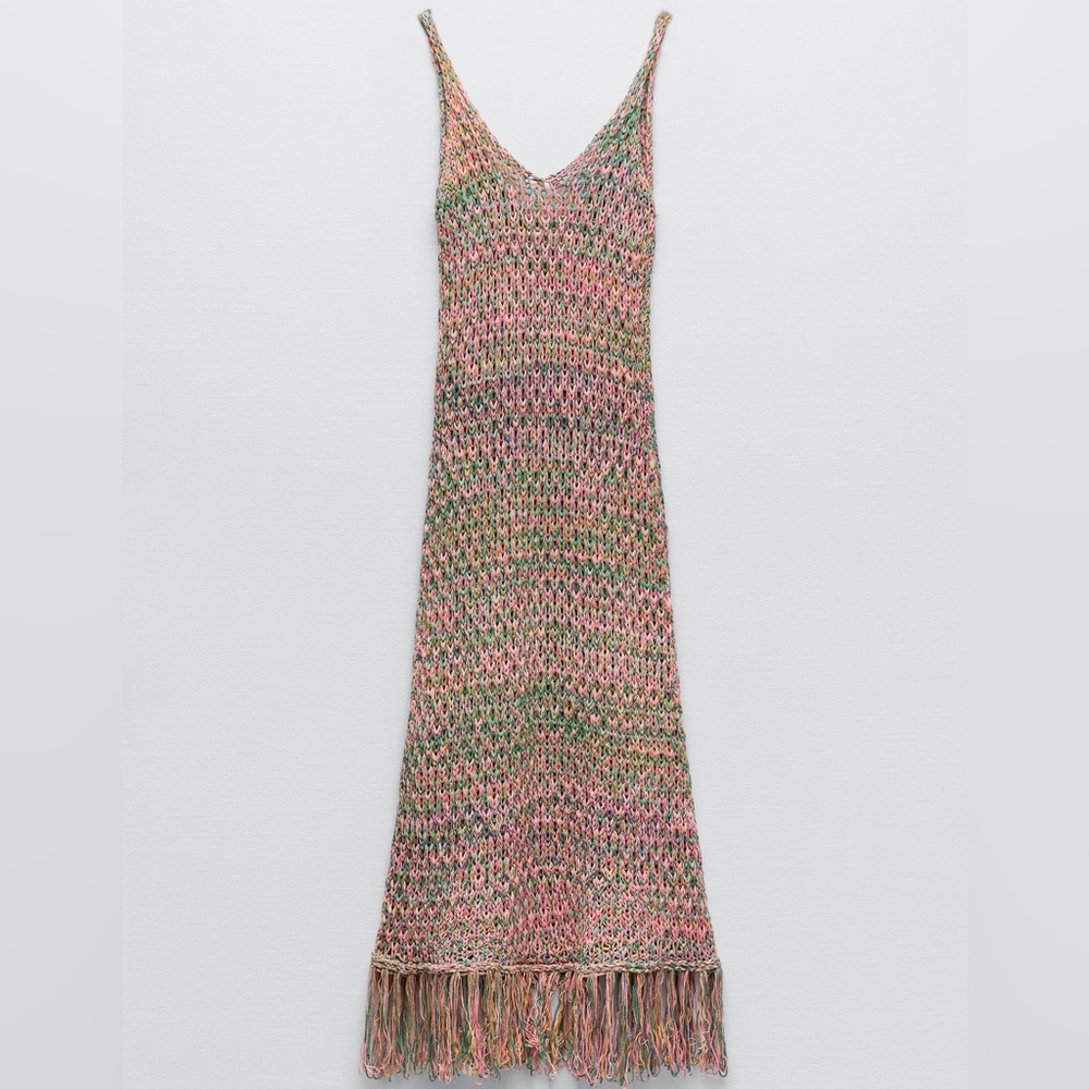 Zara Open Knit Crochet Flapper Fringe Dress